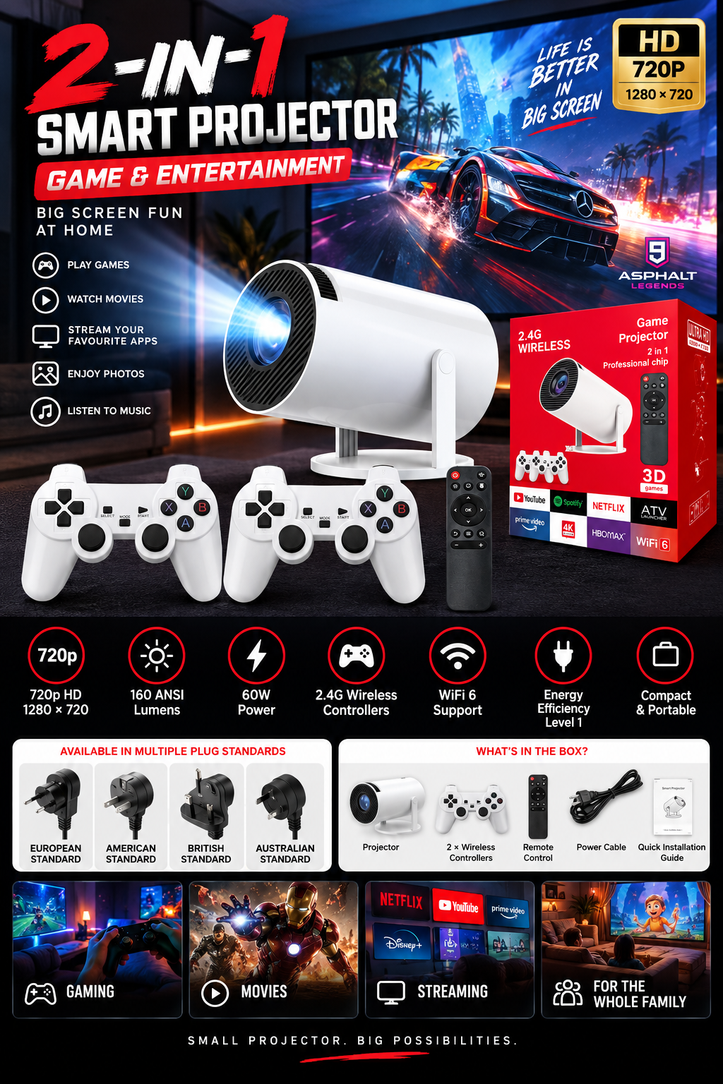 Portable Game Projector | Home Theater 4K Projection