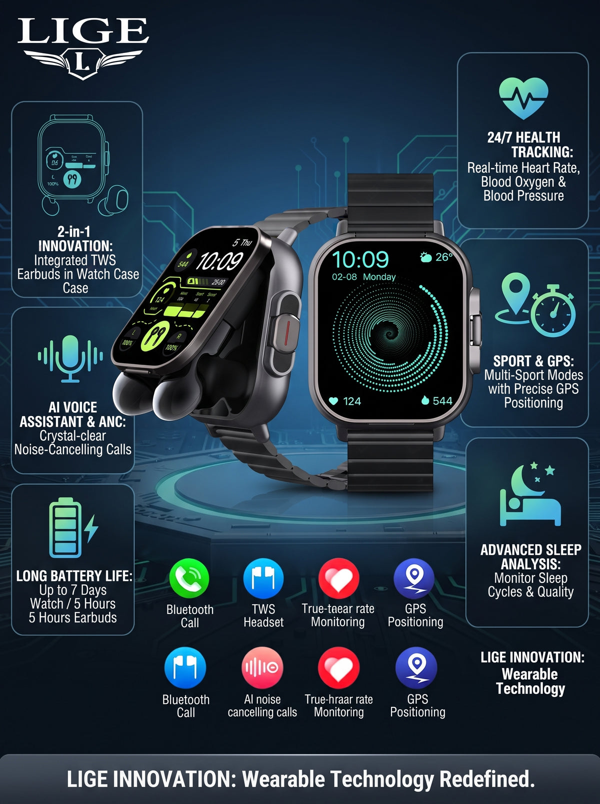 2-in-1 Smartwatch with Wireless Earbuds | Fitness & Bluetooth