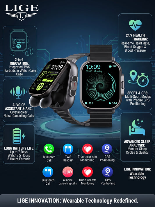 2-in-1 Smartwatch with Wireless Earbuds | Fitness & Bluetooth