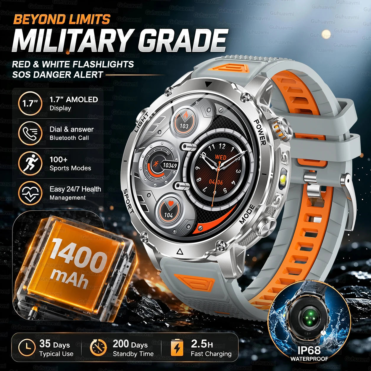 Grey Orange Color Outdoor GPS Smartwatch With 1400mAh Battery & Flashlight