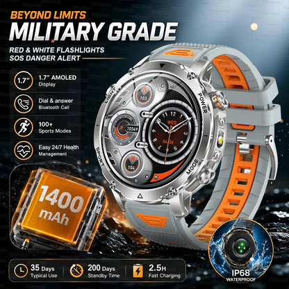 Grey Orange Color Outdoor GPS Smartwatch With 1400mAh Battery & Flashlight