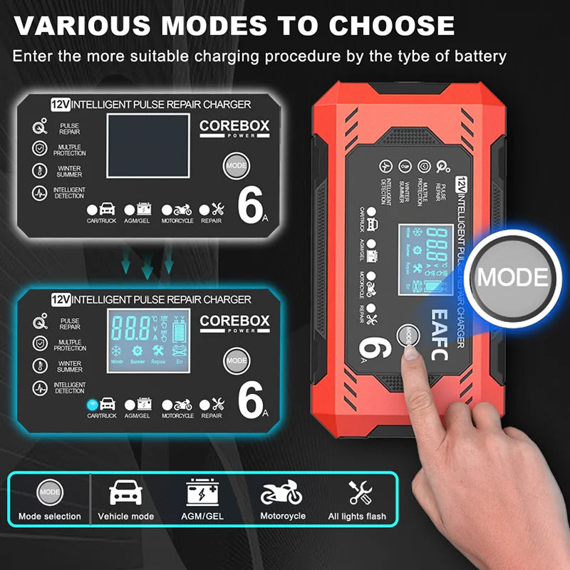 12V 6A Smart Car Battery Charger with LCD Display