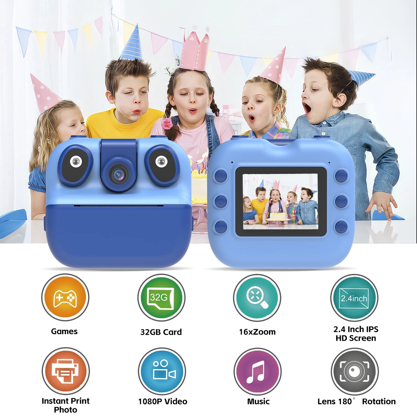 Kids Instant Print Camera with 2.8" Screen & 1080P Video