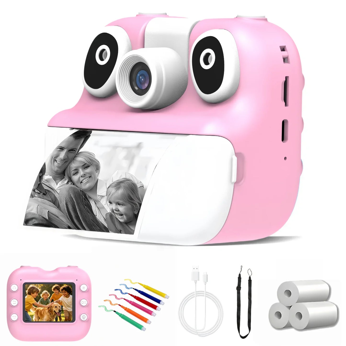 Cute Pink Color Kids Instant Print Camera with 2.8" Screen & 1080P Video