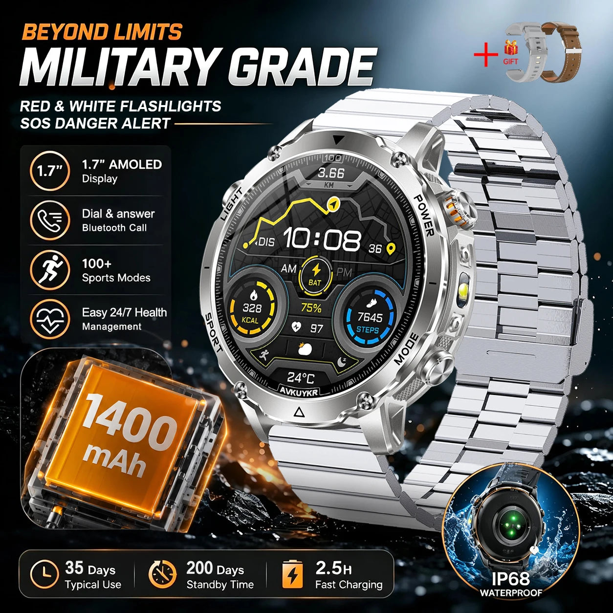 Silver Steel B 2A Color Outdoor GPS Smartwatch With 1400mAh Battery & Flashlight