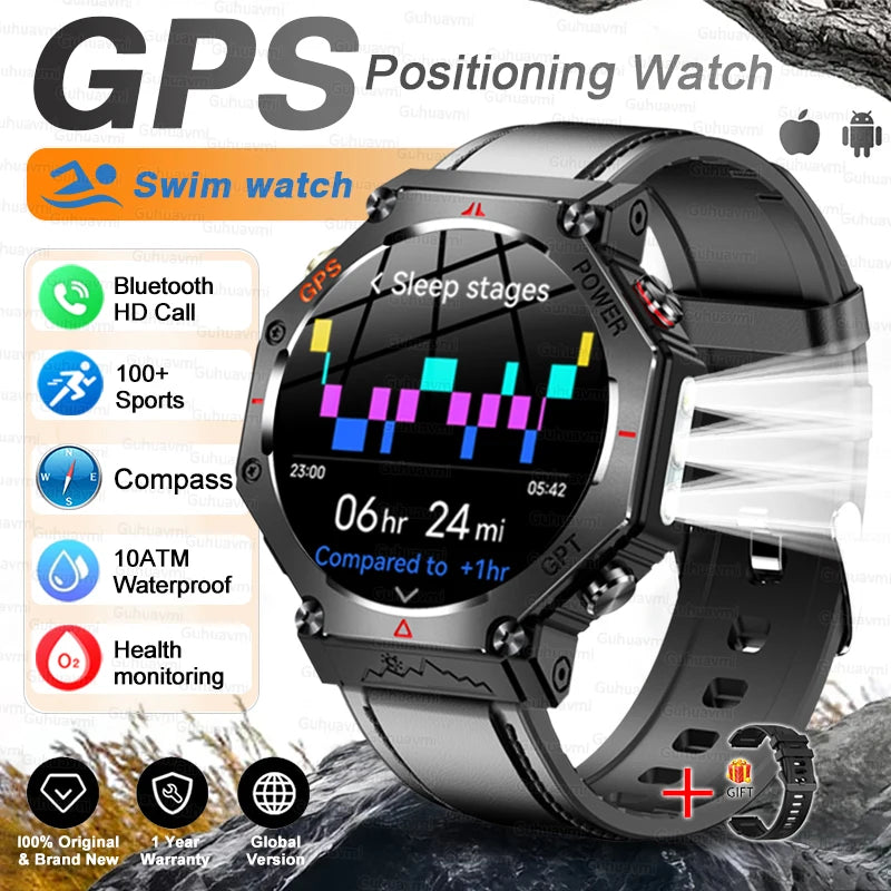 Black Leather Color Rugged GPS Outdoor Smartwatch – AMOLED, 10ATM, Compass