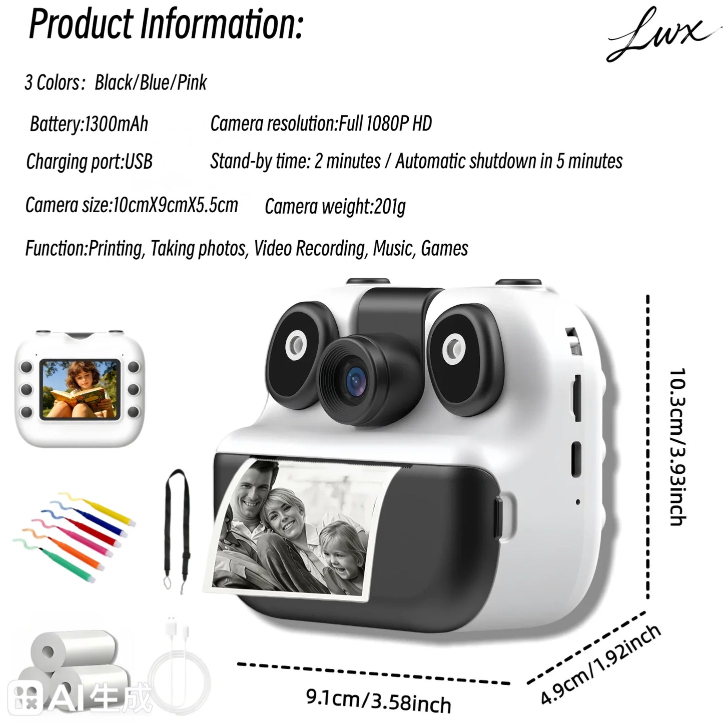 Kids Instant Print Camera with 2.8" Screen & 1080P Video