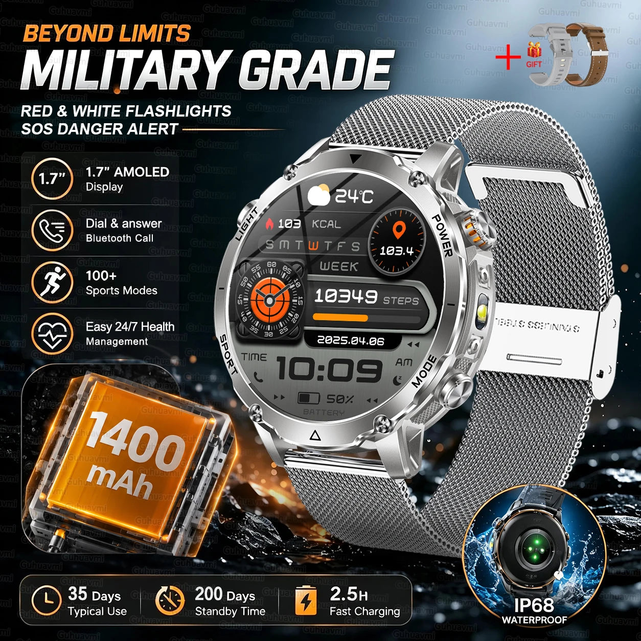 Silver Mesh Belt 2A Color Outdoor GPS Smartwatch With 1400mAh Battery & Flashlight