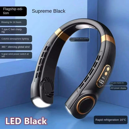 LED Black Color Portable Hanging Neck Fan 8000mAh – Bladeless USB Cooling