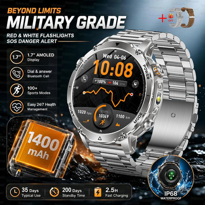 Silver Steel 2A Color Outdoor GPS Smartwatch With 1400mAh Battery & Flashlight
