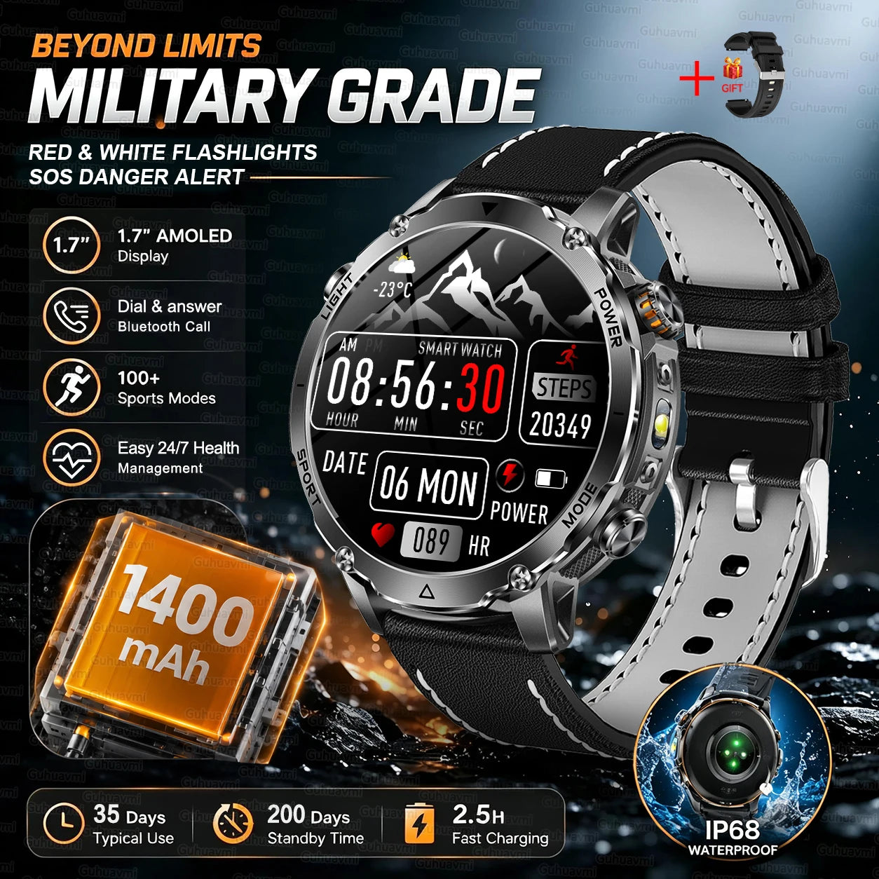 Starlight Leather Color Outdoor GPS Smartwatch With 1400mAh Battery & Flashlight