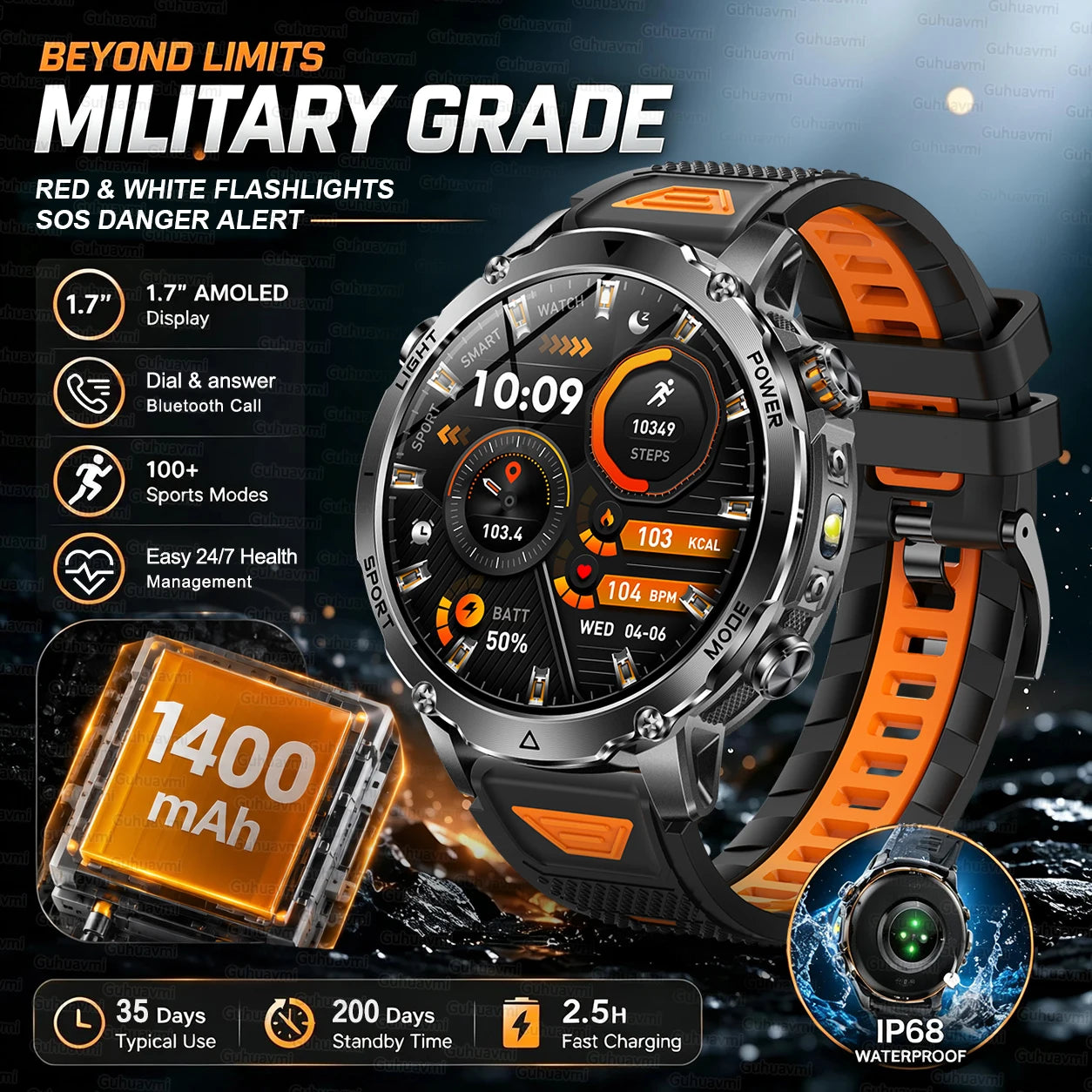 Black Orange Color Outdoor GPS Smartwatch With 1400mAh Battery & Flashlight