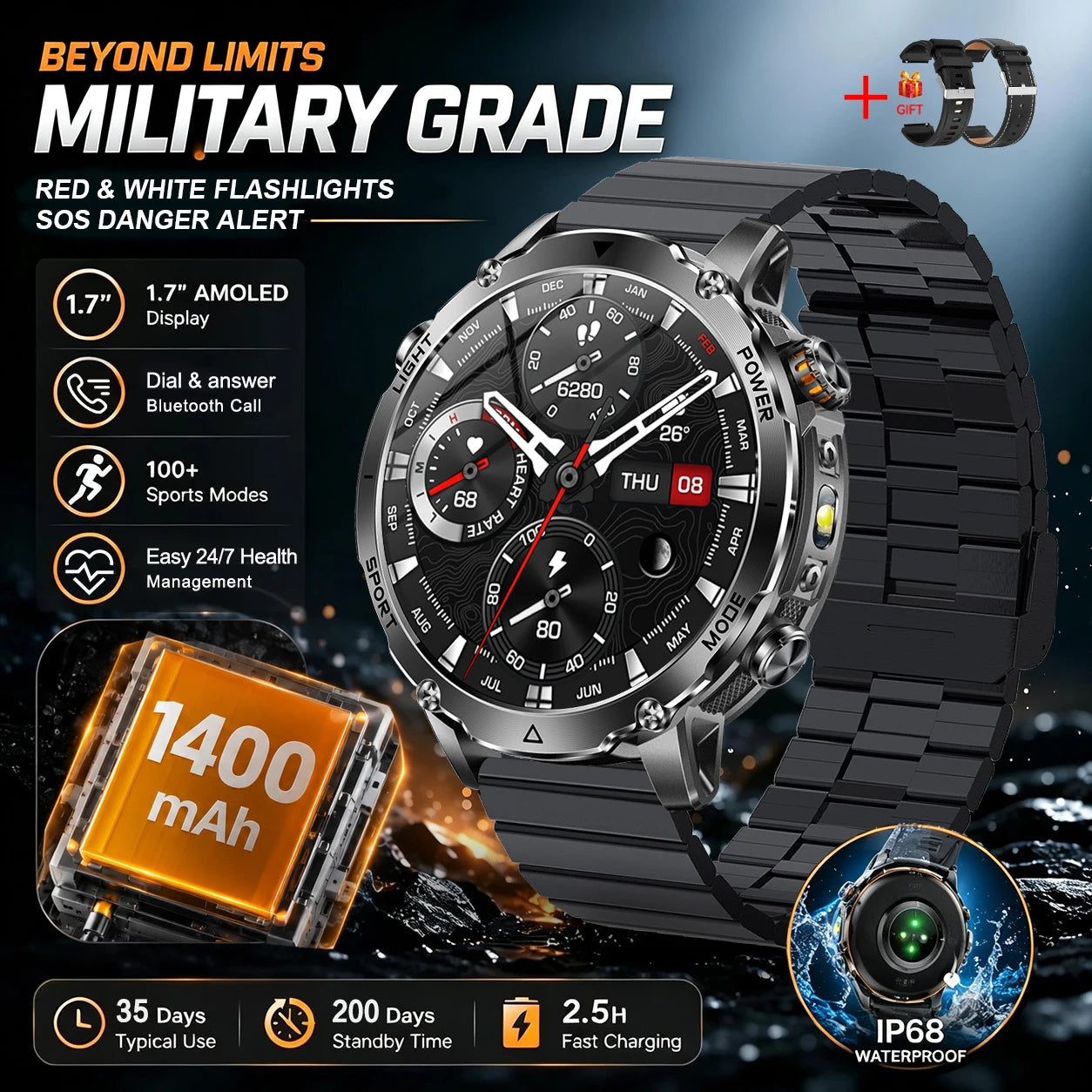 Black Steel B 2A Color Outdoor GPS Smartwatch With 1400mAh Battery & Flashlight