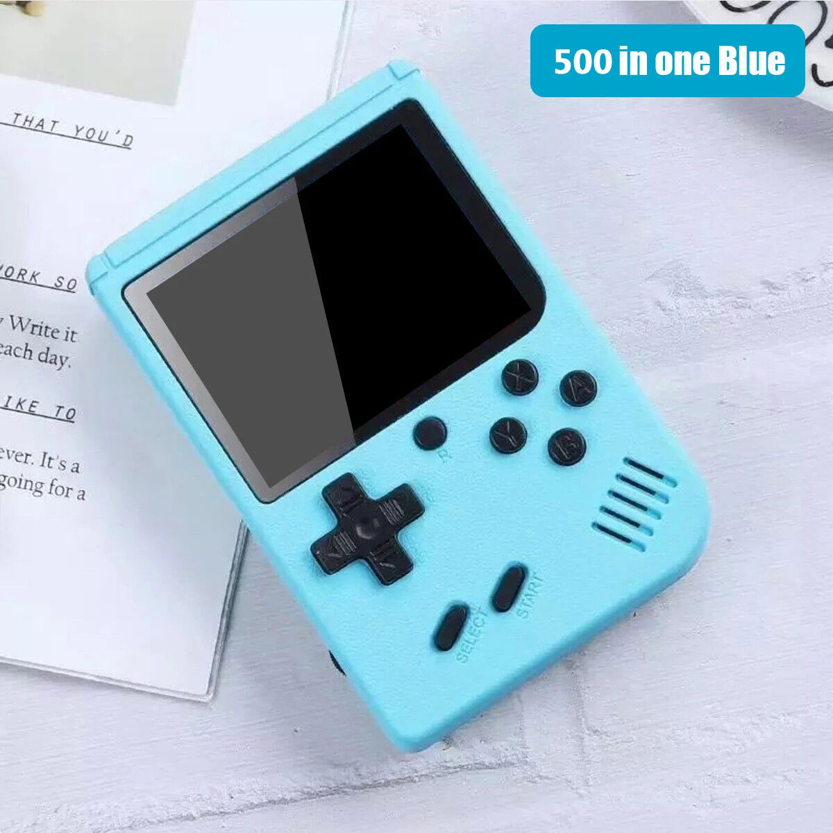 Blue handheld gaming console with screen and buttons on a white surface.