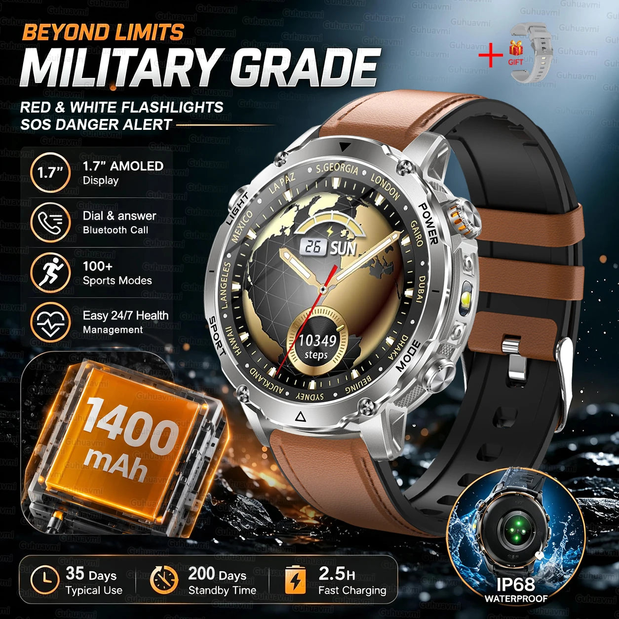 Brown Leather Color Outdoor GPS Smartwatch With 1400mAh Battery & Flashlight