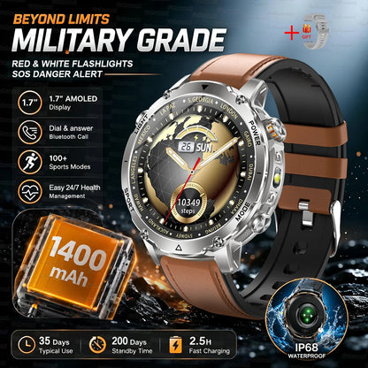 Brown Leather Color Outdoor GPS Smartwatch With 1400mAh Battery & Flashlight