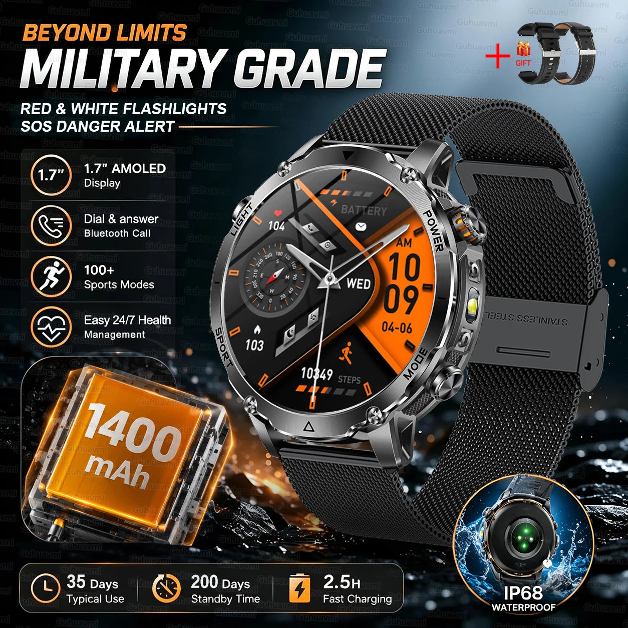 Black Mesh Belt 2A Color Outdoor GPS Smartwatch With 1400mAh Battery & Flashlight
