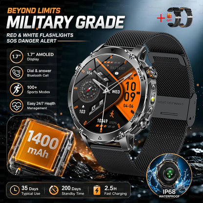 Black Mesh Belt 2A Color Outdoor GPS Smartwatch With 1400mAh Battery & Flashlight