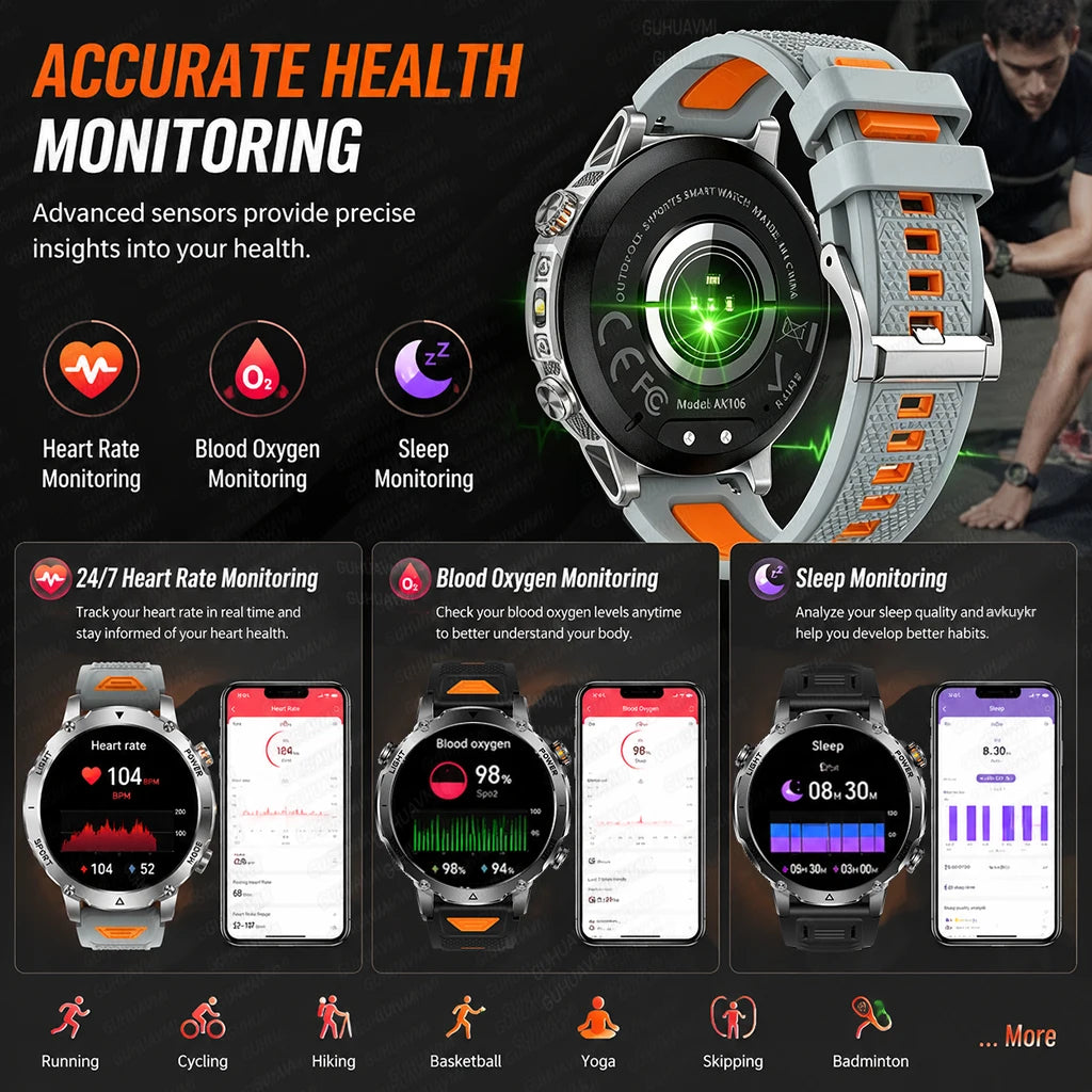 Outdoor GPS Smartwatch With 1400mAh Battery & Flashlight