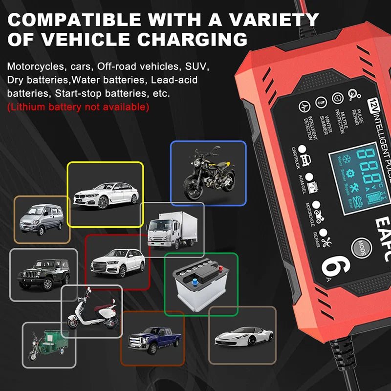 12V 6A Smart Car Battery Charger with LCD Display