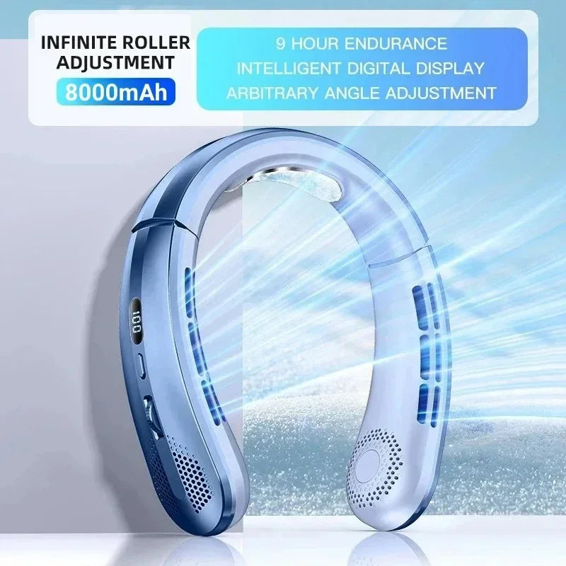 Blue Color Portable Hanging Neck Fan 8000mAh – Bladeless USB Cooling