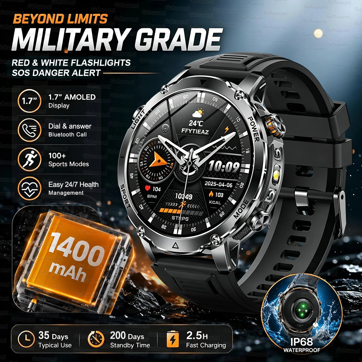 Black Color Outdoor GPS Smartwatch With 1400mAh Battery & Flashlight