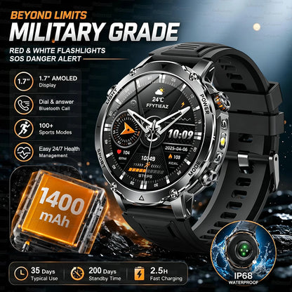 Black Color Outdoor GPS Smartwatch With 1400mAh Battery & Flashlight