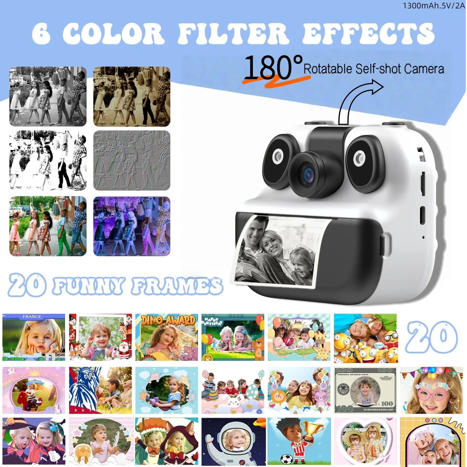 Kids Instant Print Camera with 2.8" Screen & 1080P Video