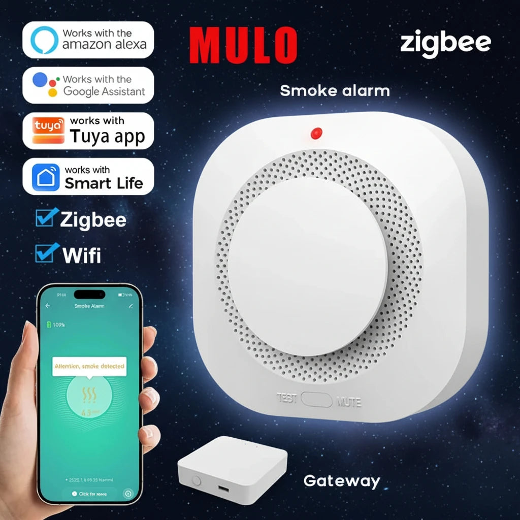 MULO smoke alarm with smartphone app and gateway on a white background