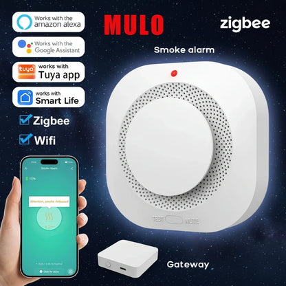 MULO smoke alarm with smartphone app and gateway on a white background