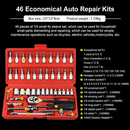 46-Piece 1/4" Socket Wrench Set – Compact Car Repair Kit