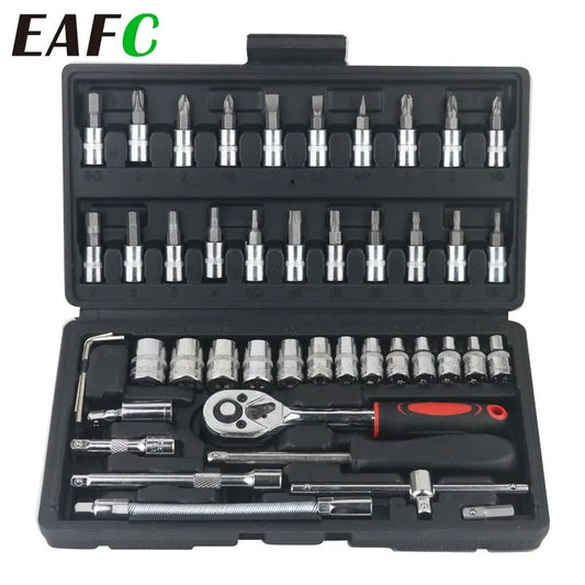 46-Piece 1/4" Socket Wrench Set – Compact Car Repair Kit