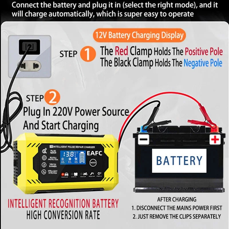 12V 6A Smart Car Battery Charger with LCD Display