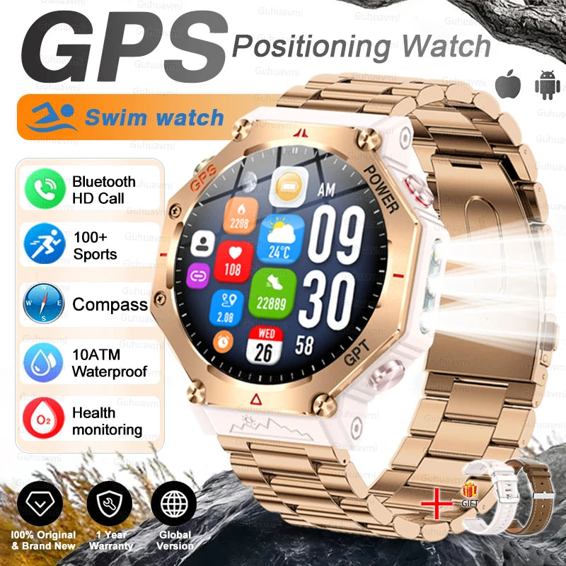 Gold Steel 2A Color Rugged GPS Outdoor Smartwatch – AMOLED, 10ATM, Compass