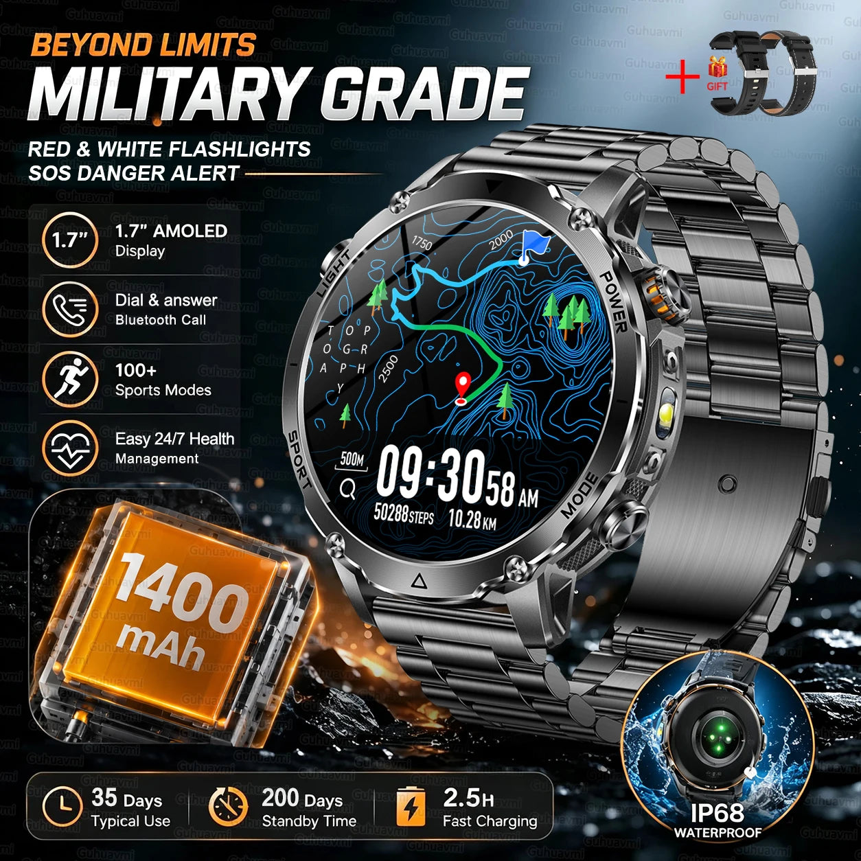 Black Steel 2A Color Outdoor GPS Smartwatch With 1400mAh Battery & Flashlight