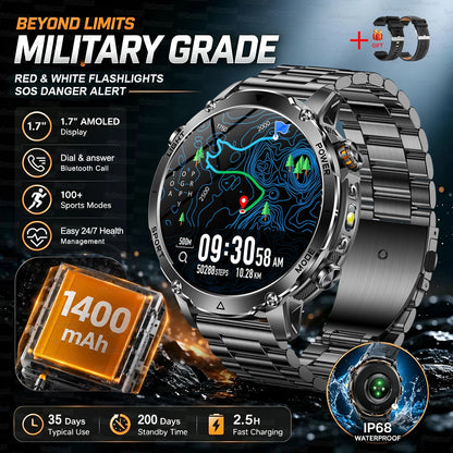 Black Steel 2A Color Outdoor GPS Smartwatch With 1400mAh Battery & Flashlight