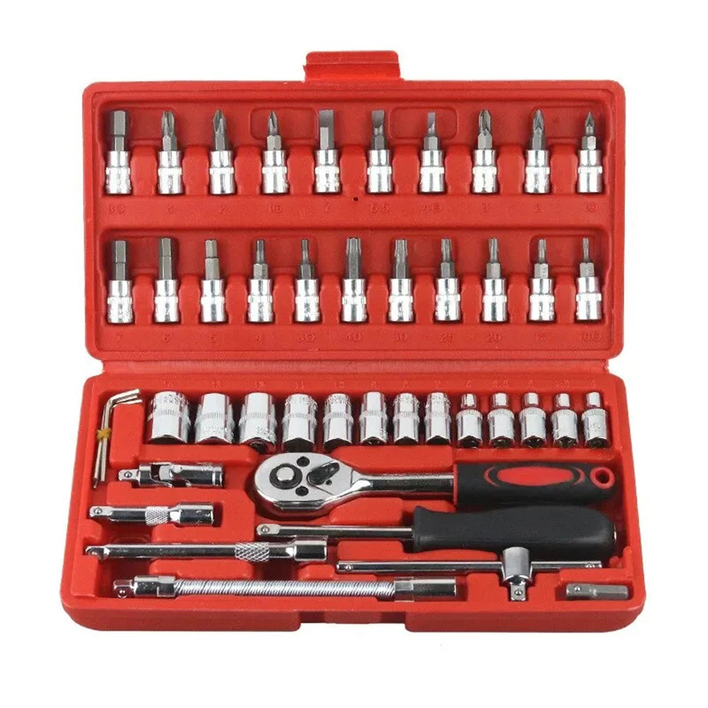 46PCS Red Color 46-Piece 1/4" Socket Wrench Set – Compact Car Repair Kit