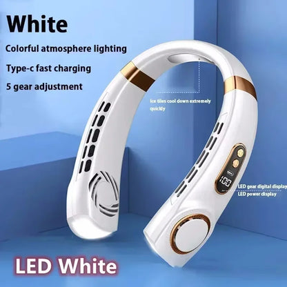 LED White Color Portable Hanging Neck Fan 8000mAh – Bladeless USB Cooling