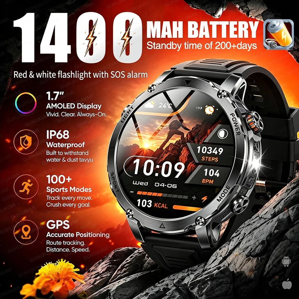 Outdoor GPS Smartwatch With 1400mAh Battery & Flashlight